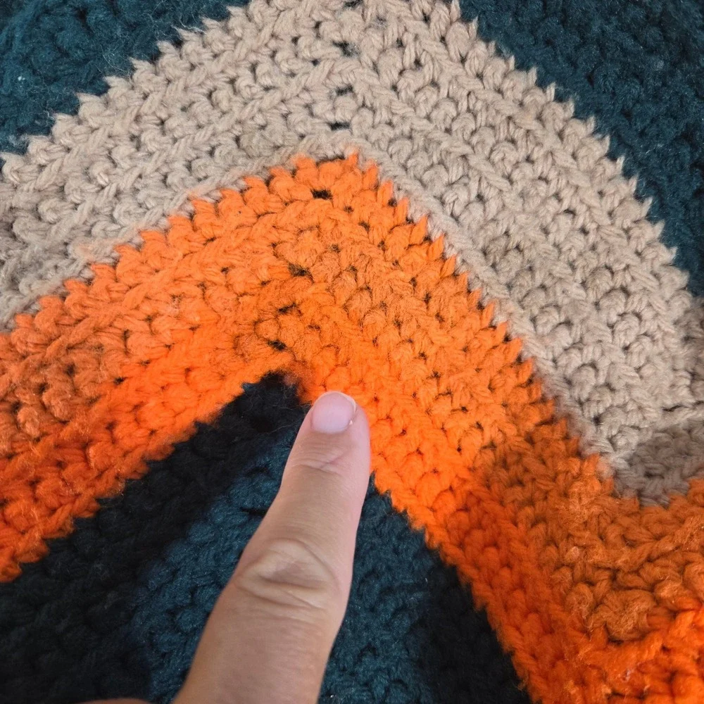 Handmade Crochet Afghan Throw Blanket Orange Tan Black Chevron Ripple 78x46